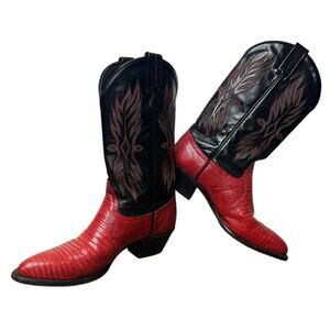 Tony Lama Lizard Boots Red Black Embroidered Western Cowboy Boots Size 6.5